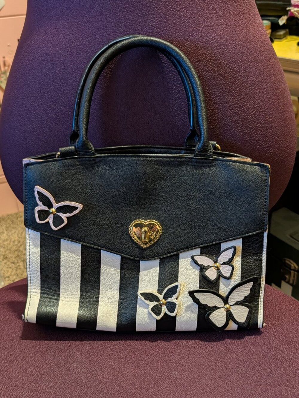 Betsey Johnson Black and White Satchel with Butterfly Accents